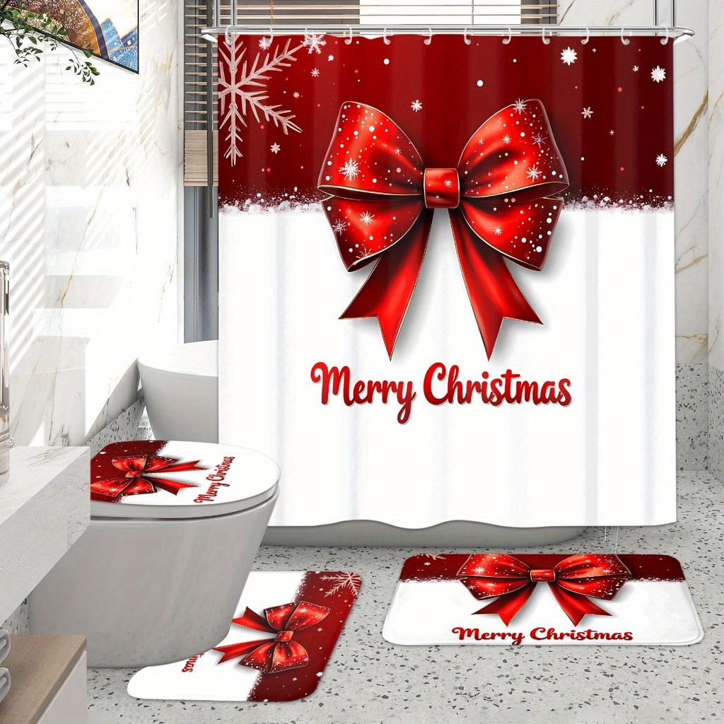 4Pcs Merry Christmas Bow Shower Curtain Set with Non-Slip Bath Mat, Toilet Lid Cover, Contour Rug & 12 Hooks, Bathroom Decor