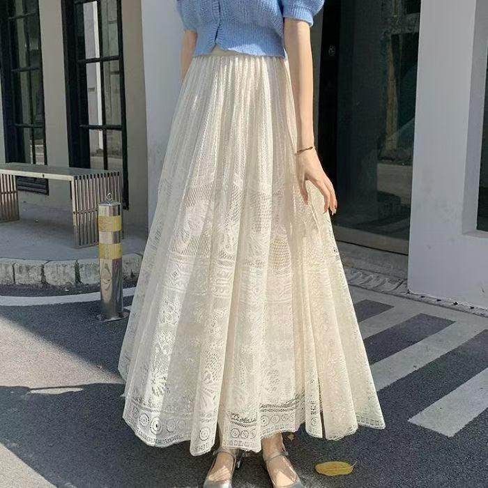 Women's High Waist French Lace Midi Skirt - Elegant A-line Drape for Spring/Summer