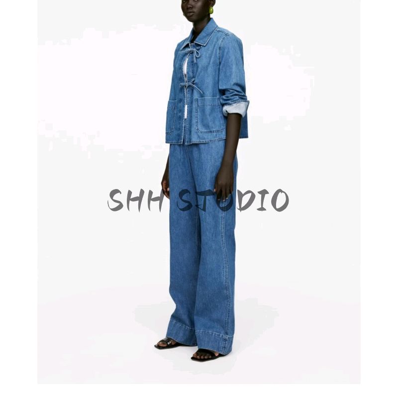 Fall Loose Lace-up Denim Jacket Coat 1268488 Mid Waist Straight-Leg Wide-Leg Pants 1268300