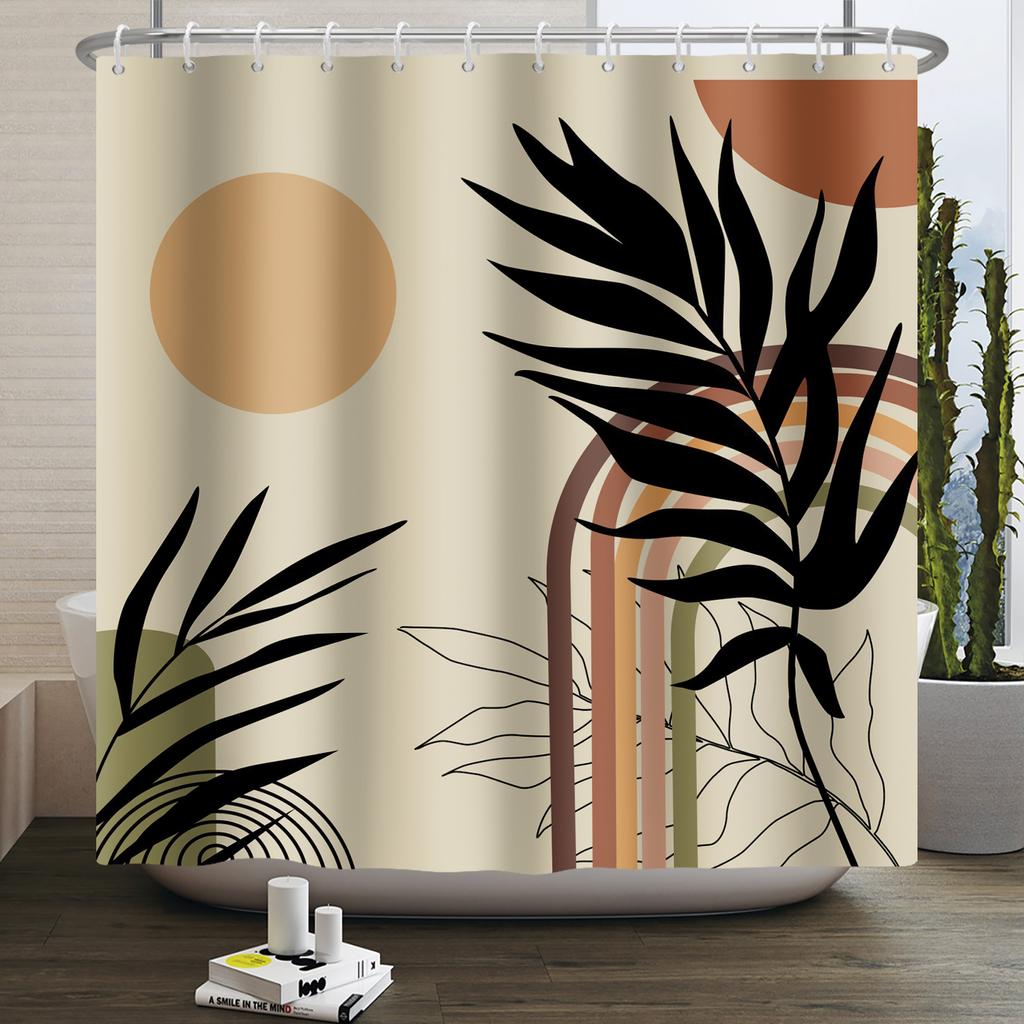 Mid Century Abstract Boho Shower Curtain Green Leaf Plant Modern Arch Sun Minimalist Nordic Waterproof Bathroom Bath Curtain