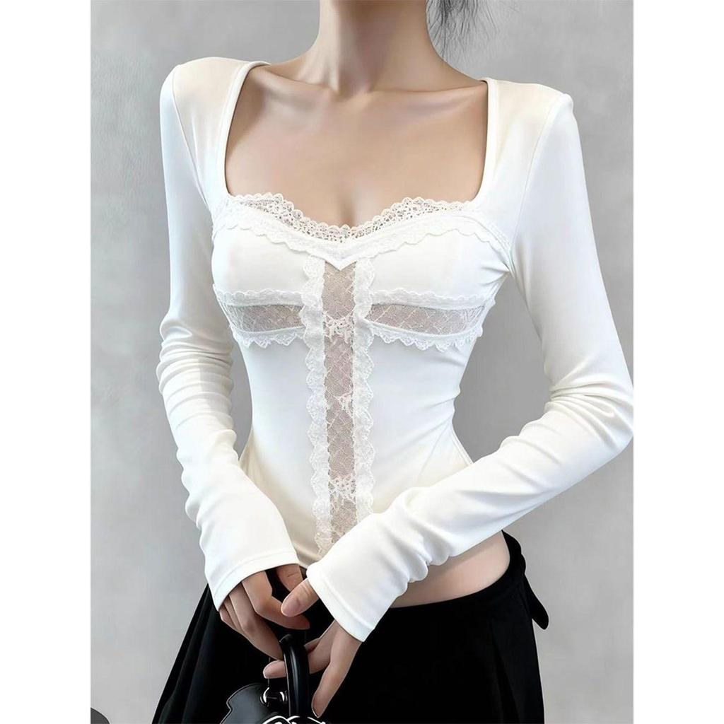 Autumn Winter Retro Black Square Neck Lace Patchwork Long Sleeve Women's Top