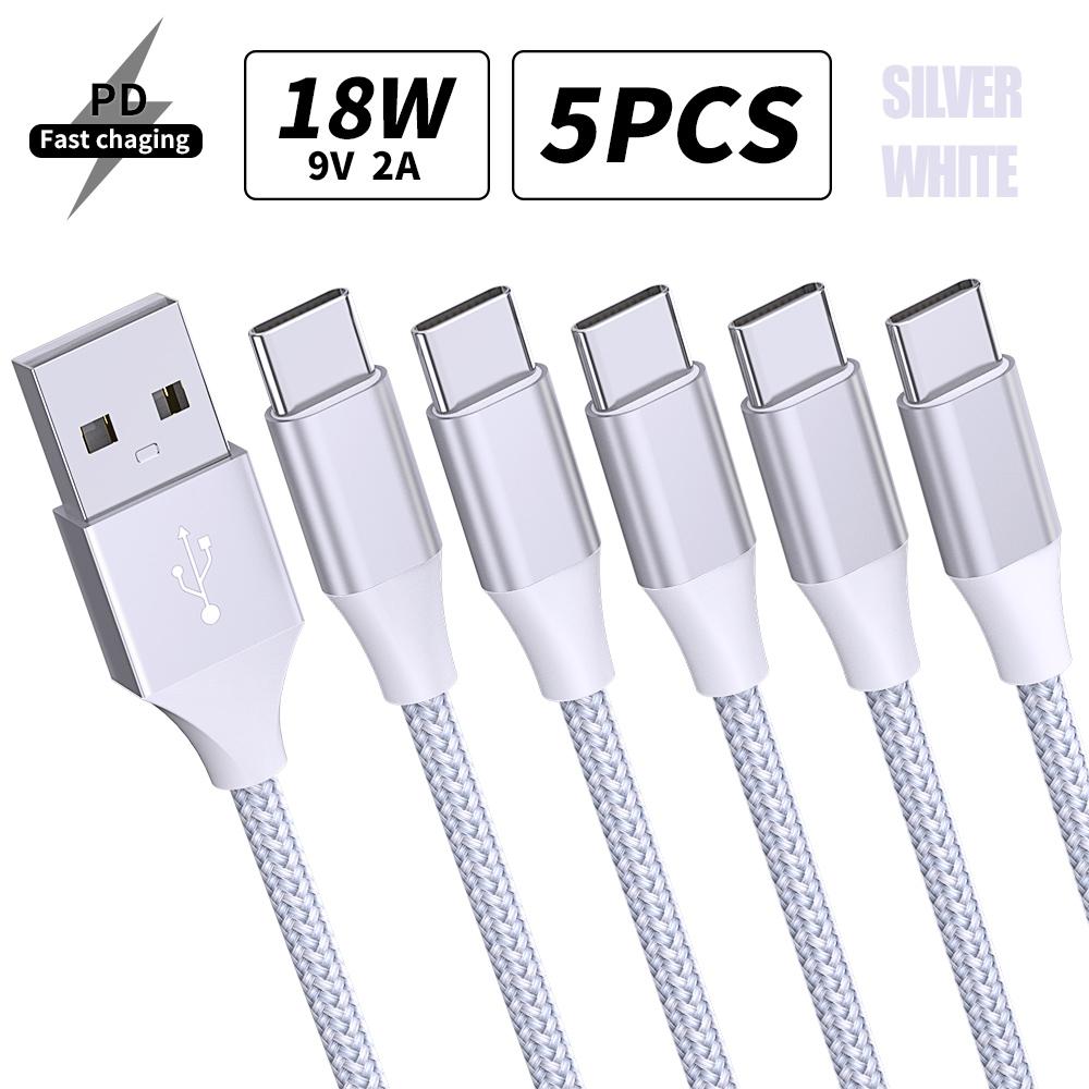 

5Packs 18W USB Type C Charge Cable Charger Data Wire Cord For iPhone 16 15 Macbook Samsung S21 S20 S10 S9 S8 Huawei P40 Xiaomi 9 1m серебро белый