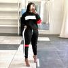 S191181 European and American Women's Clothing Summer Splicing Striped Casual Sports Short-sleeved Trousers Hot-selling Set