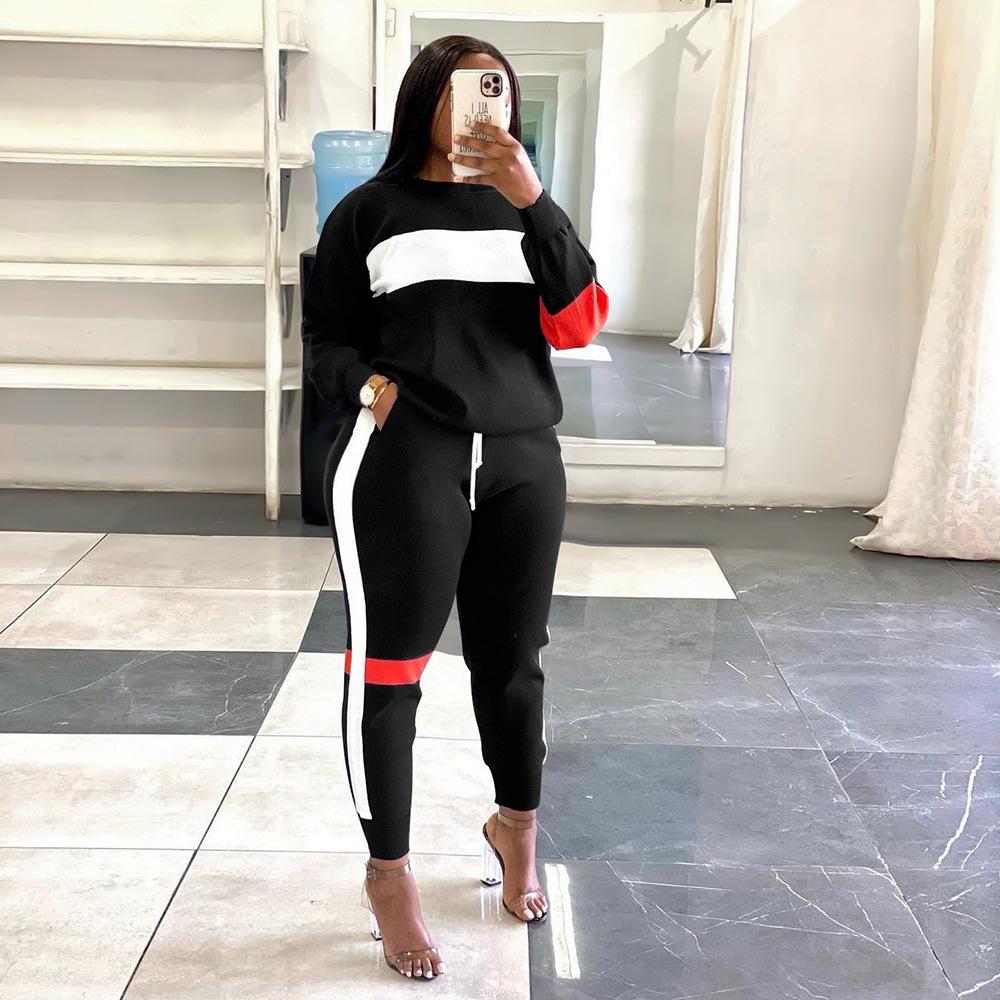 S191181 European and American Women's Clothing Summer Splicing Striped Casual Sports Short-sleeved Trousers Hot-selling Set