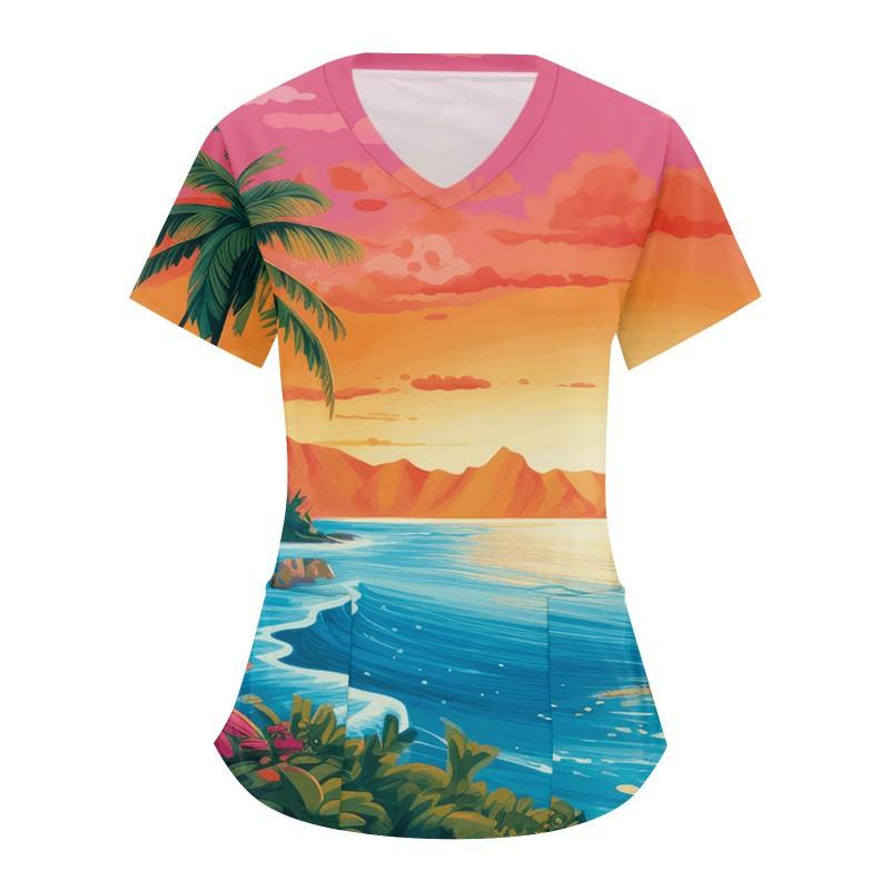 V-Neck Short Sleeve Nursing Scrub Top Women Fashionable Casual Workwear With 3D Print Design Slim Fit 2025 Collection