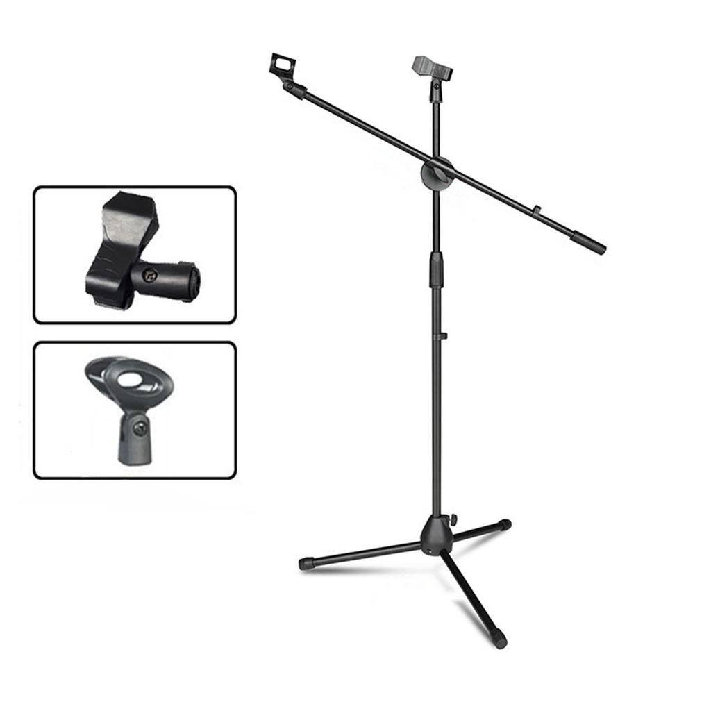Microphone Stand Adjustable Mic Floor Tripod with Clip for Singing Stage Performance Dual