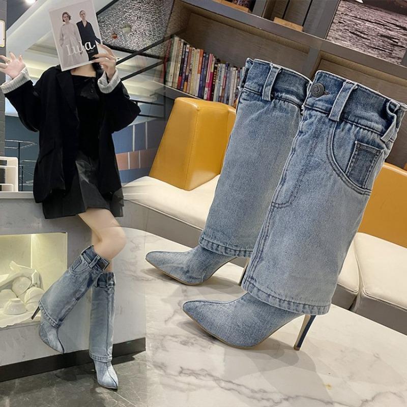 Fashion 2025 New Denim Knee High Women Shoes Winter High Heels Western Cowboy Pointed Toe Woman Goth Boots Stiletto Sexy Fashion Zapatos