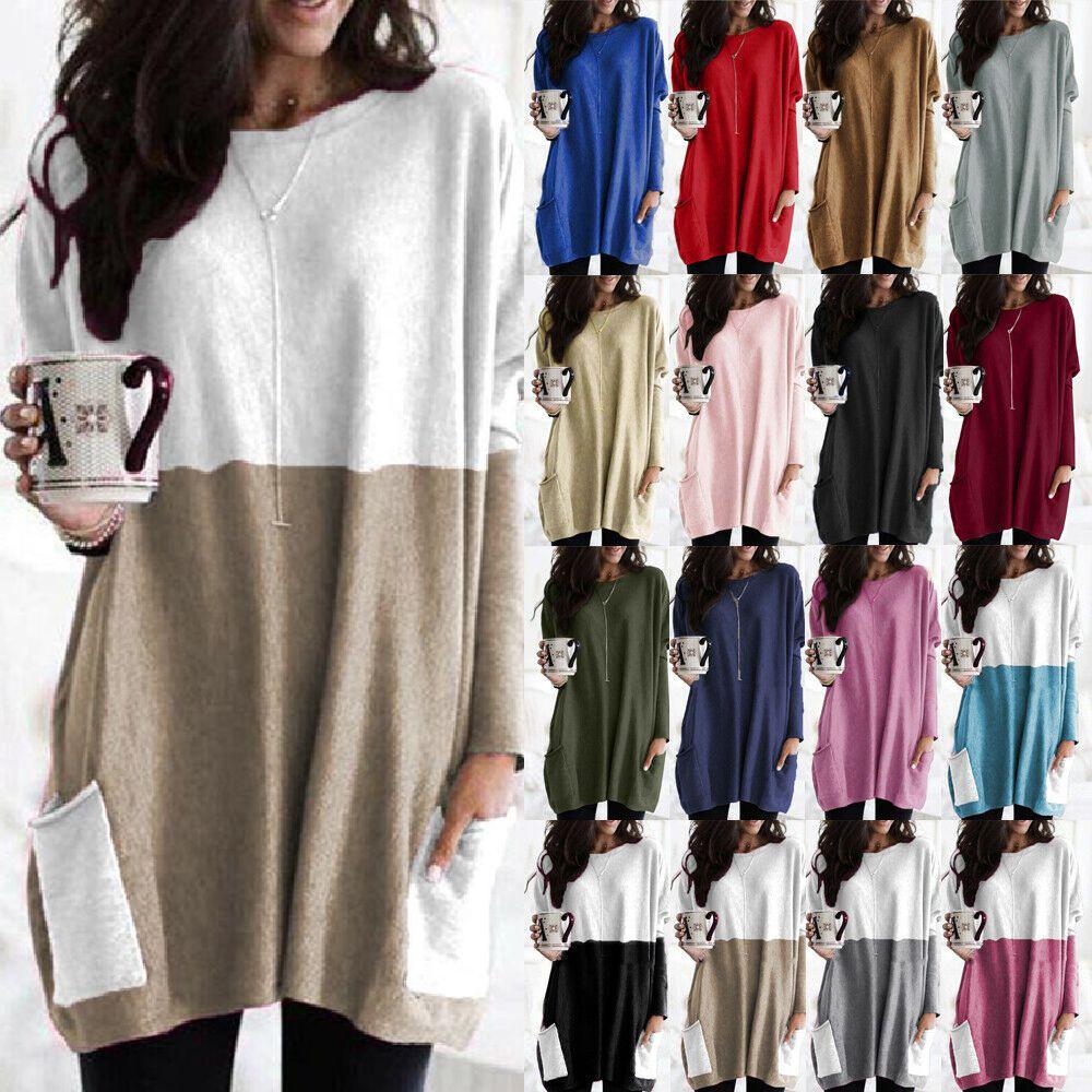 Elegant Women's Jumper Mini Dress Blouse In Vibrant Colors With Two Pockets