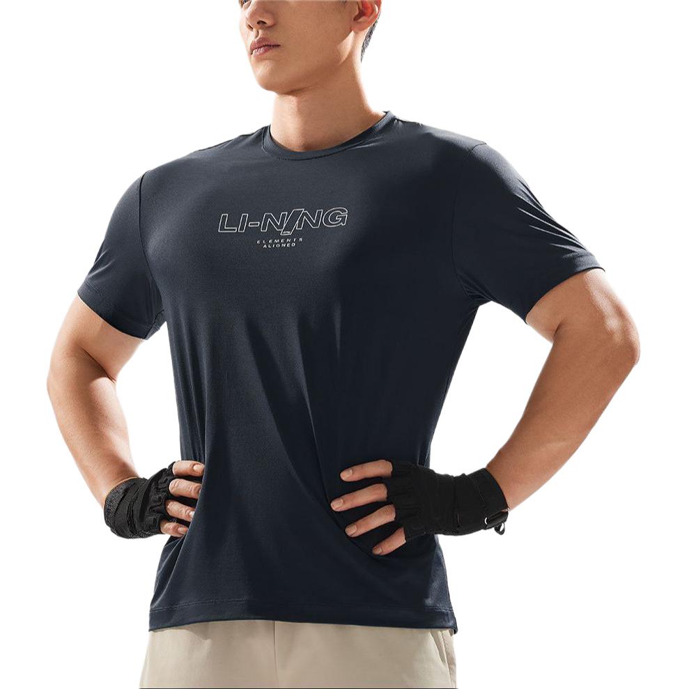 Li-Ning Fitness Series Brand Logo Moisture-Wicking Quick-Dry Short Sleeve T-Shirt Men Tops Dark-Blue ATSU417-8