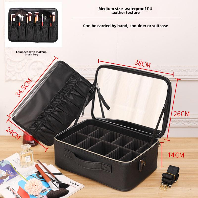 Black Heightened Cosmetic Bag with Mirror - Large Capacity Portable Handheld Storage Box