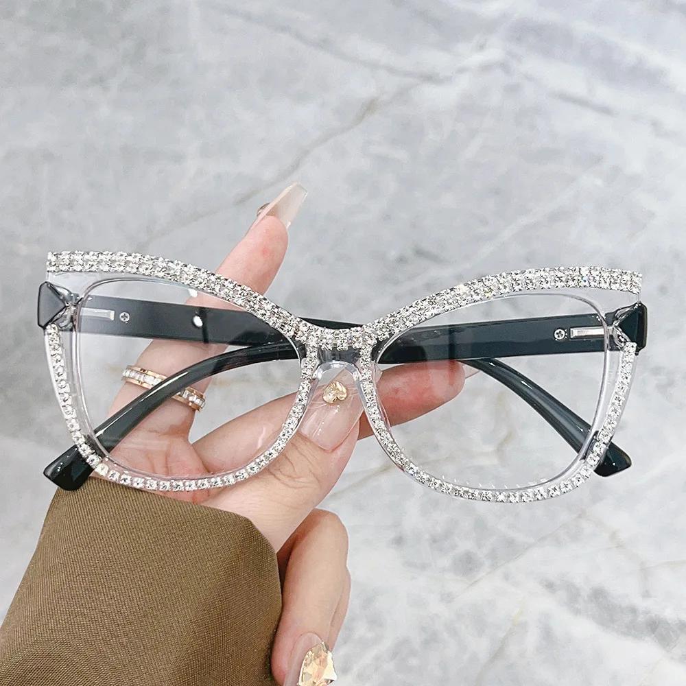 Men Women Cat Eye Reading Glasses Retro Large Frame Diamond Inlaid Presbyopia Glasses Oversized Anti-Blue Light Glasses