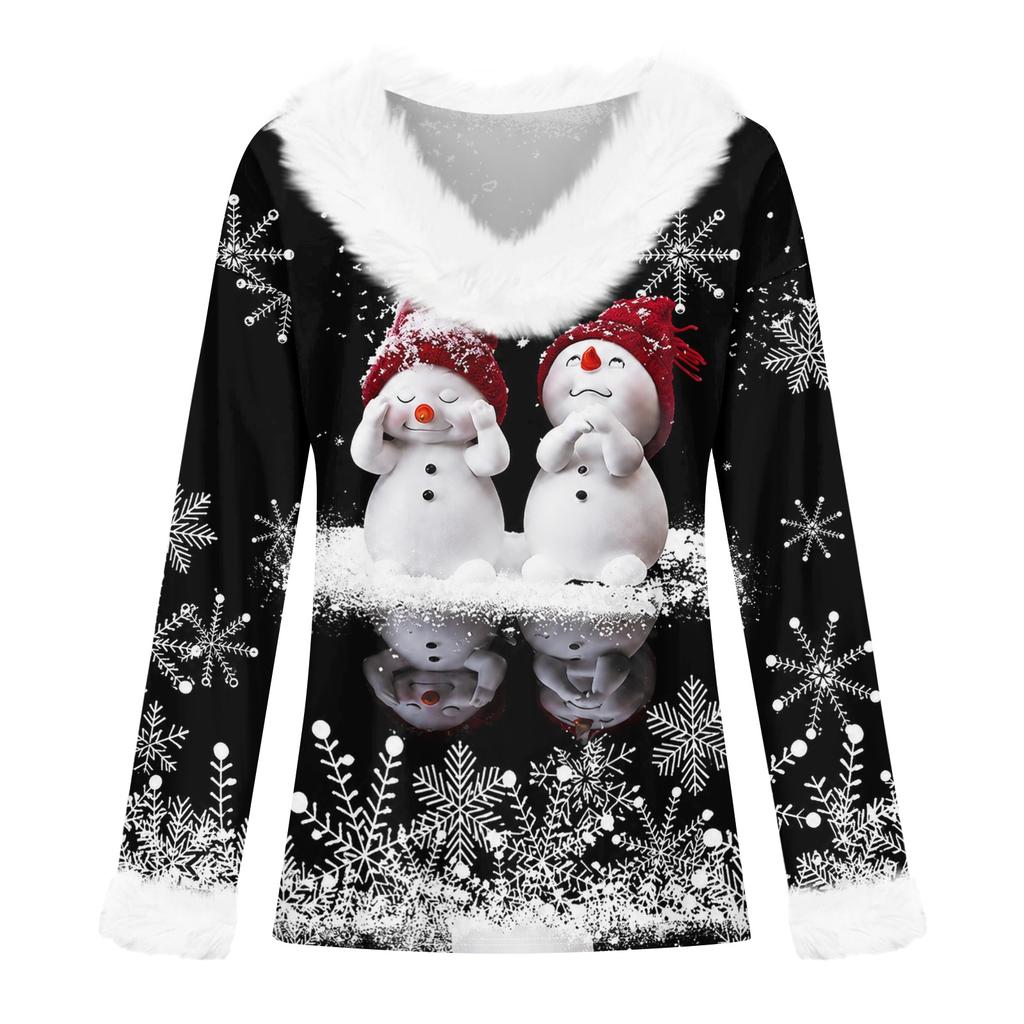 Damen Casual Christmas Print Langarm-Oberteil mit Plüschkragen für den Winter