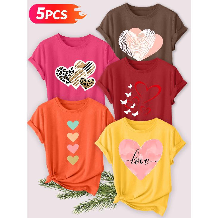 Five-piece set Elegant short-sleeved shirt for women Colorful Heart Series Printed Round Neck Women's Short Sleeve Suitable for Spring and Summer