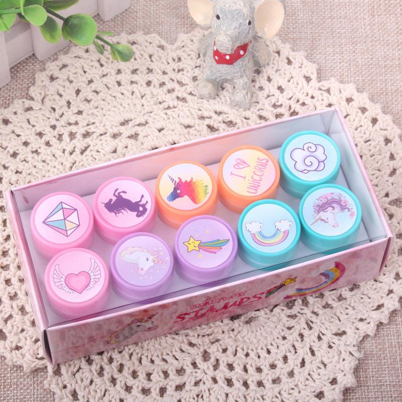 10 Pcs/Box Simple Stamps Toy for Kids Cartoon Animal Self-ink Seal DIY Painting Notebook Decor Gift