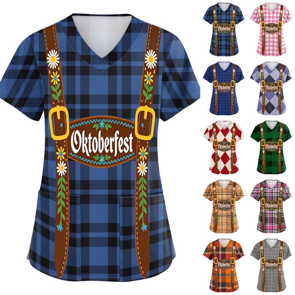 Women's V Neck Short Sleeve Work Top with Pockets Oktoberfest Print Plaid Pattern Comfortable Fit Casual Shirt for Healthcare and Service Industry