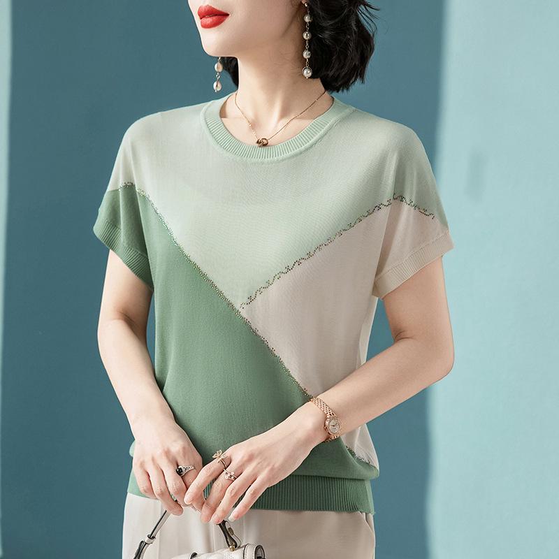 

Trendy Color Block Knit Top for Women: Short Sleeve Summer T-Shirt, Perfect for Stylish Moms and Versatile for Middle-Aged and Elderly. 3XL (recommended 60-67.5 kg) зелёный