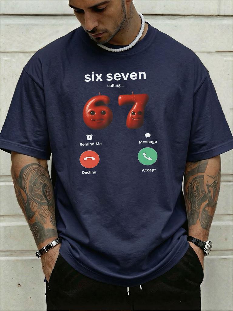 Funny Incoming Call Six Seven Cartoon Red Number Graphic Print Unisexs Crew Neck Short Sleeve Tee Casual Daily Soft Basic Wear Top