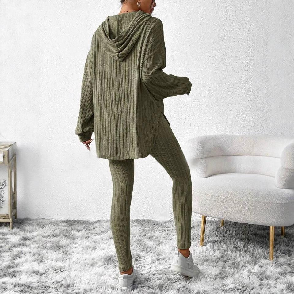 Completo da Loungewear da Donna a Coste con Felpa con Cappuccio Oversize e Spacco Laterale + Leggings Completo 2 Pezzi Morbido Casual Abbigliamento per la Casa Tuta
