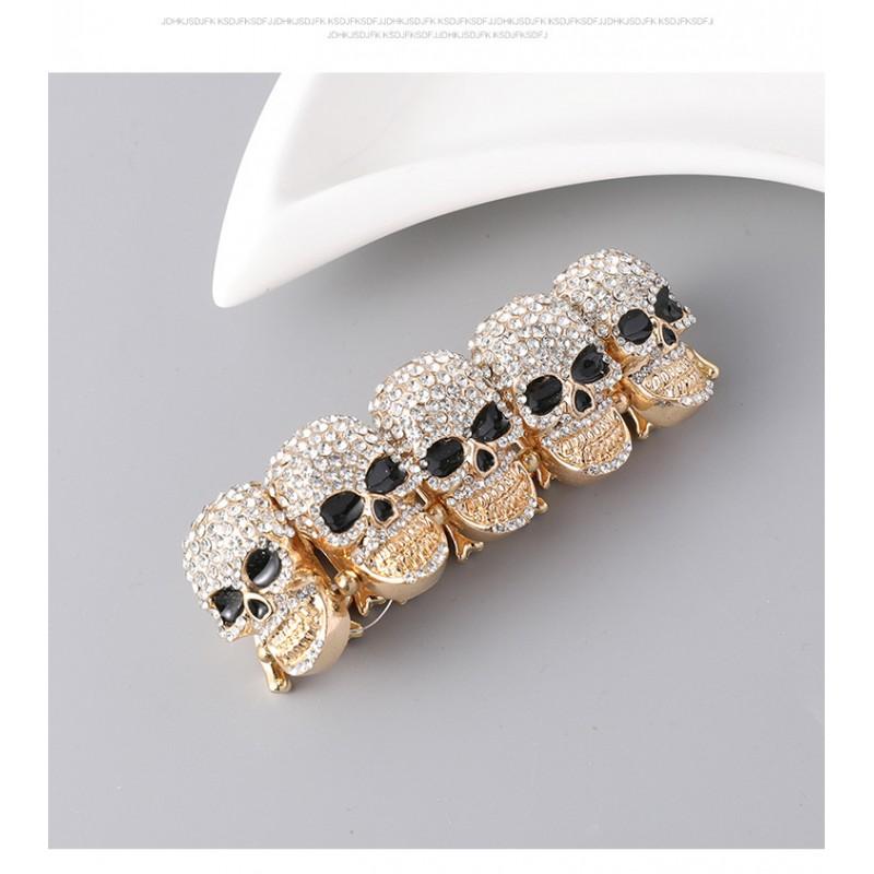 Punk Skull Rhinestone Bracelet Gold Tone Bone Chain Cuff Halloween Hip Hop Unisex Fashion Accessory