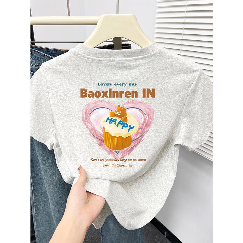 

Sweet Round Neck Short Sleeve Women s T-Shirt - 2024 Summer, Small Size, Straight Shoulder, Front & Back Print, Age-Reducing Top. Small білий/сірий колір