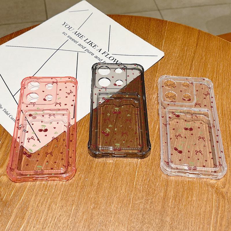 Motif Nœud Cerise Fente pour Carte Étui en Silicone Souple Pour Xiaomi 14T 13T Pro Poco F6 Pro X6 C65 Redmi Note 13 12 Pro 11 Housse de Téléphone Transparente Antichoc