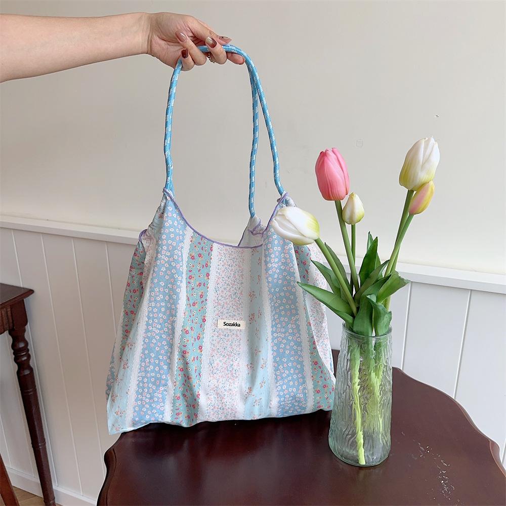 Hanfeng Summer Largecapacity Hand Carry Shoulder Bag Drawstring Shopping Bag Fresh Floral Tote Bag Underarm Bag