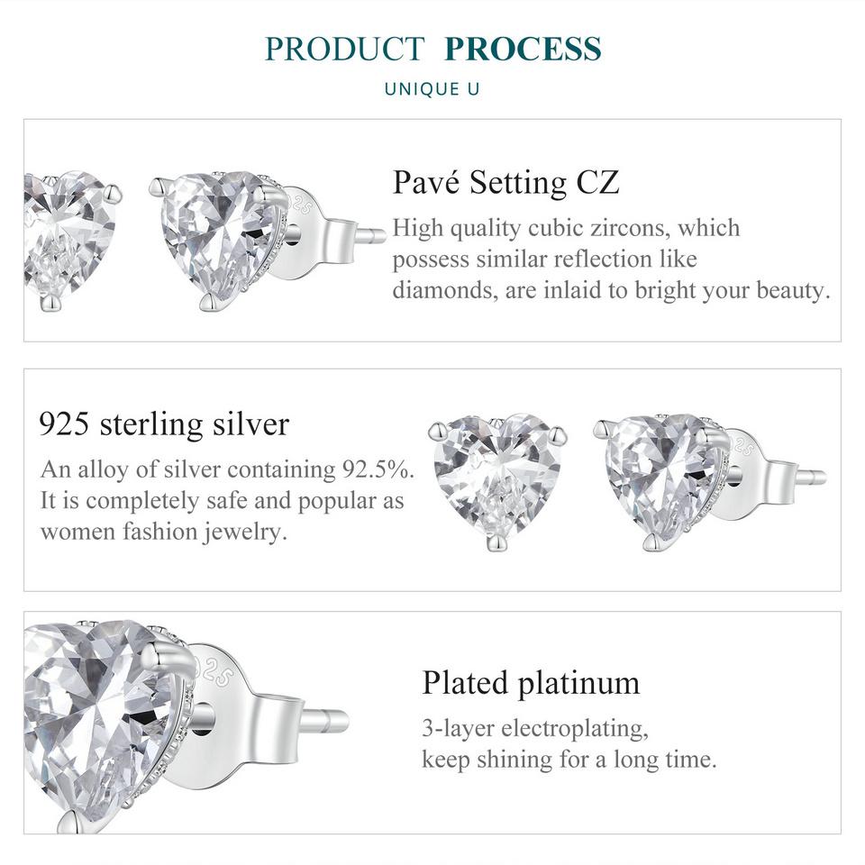 Cercei cu zirconiu cu inimă strălucitoare din argint Sterling 925 BAMOER Cercei simpli Little Love pentru femei Bijuterii fine