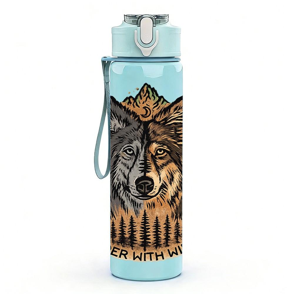 1PC Wolf Head Fur Texture Art Print 750ml Color Plastic Sports Water Bottle Leakproof Flip Straw Lid Suitable for Sports Office Home Use