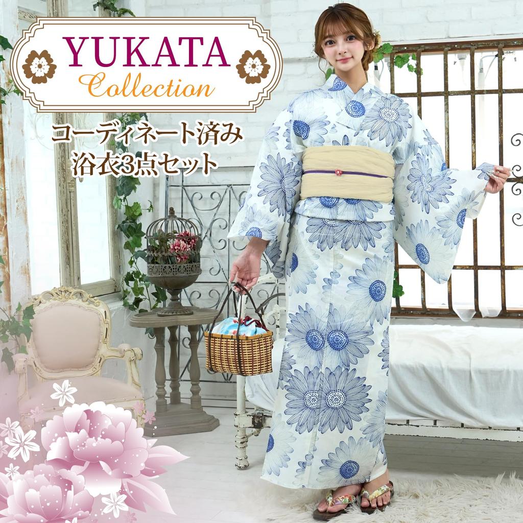 RAVIR Yukata Shades of Daisy Cool and Comfortable Japanese Fluffy Obi and Geta One Size Fits All Women's 3-Piece Set, Print, Style, Belt, Sandals,
