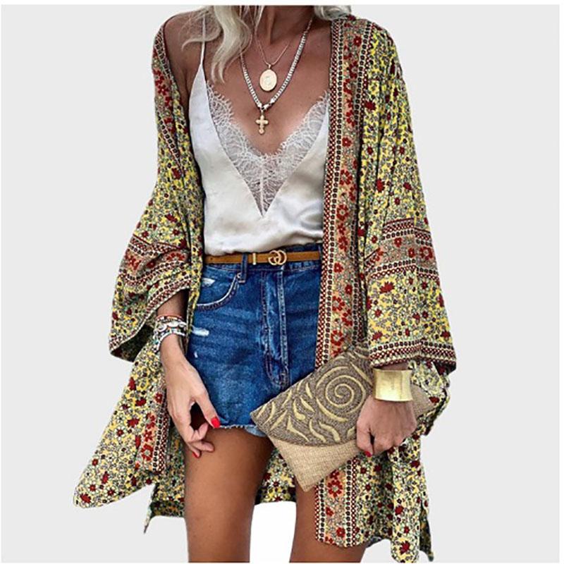 Summer Bohemian Casual Cloak Cardigan for Swimsuit Woman Beach Swimwear Tops Long Sleeved Shawl Chiffon Shirt