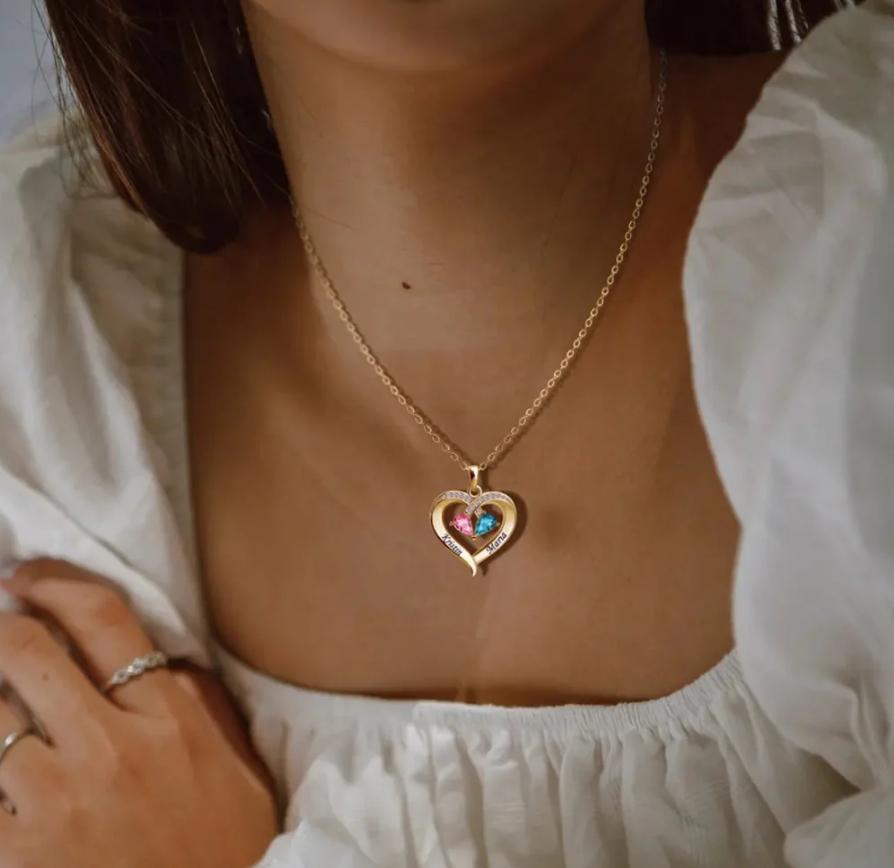 Custom Personalized Heart-Shaped Name Necklace With Birthstones for Wife Personalized Heart Custom Name Gift for Mother's Day