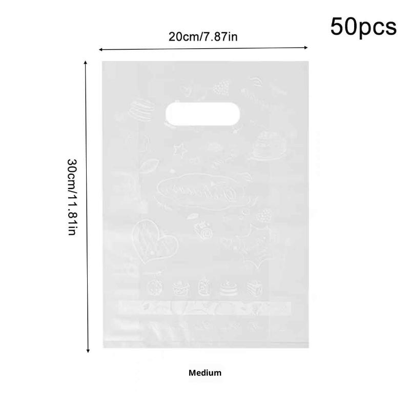 

50 шт. Пластикові подарункові пакети з ручкою з десертним принтом Подарунковий пакет Ідеально підходить для вечірок, свят та магазинів Пакети для пакування тортів на винос M 50Pcs