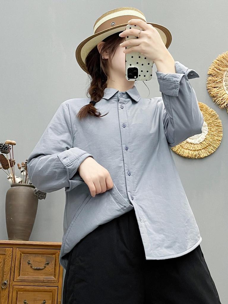 Women's Solid Color Cotton-Padded Shirt Jacket with Pointed Collar - Autumn/Winter Warm Top 86551