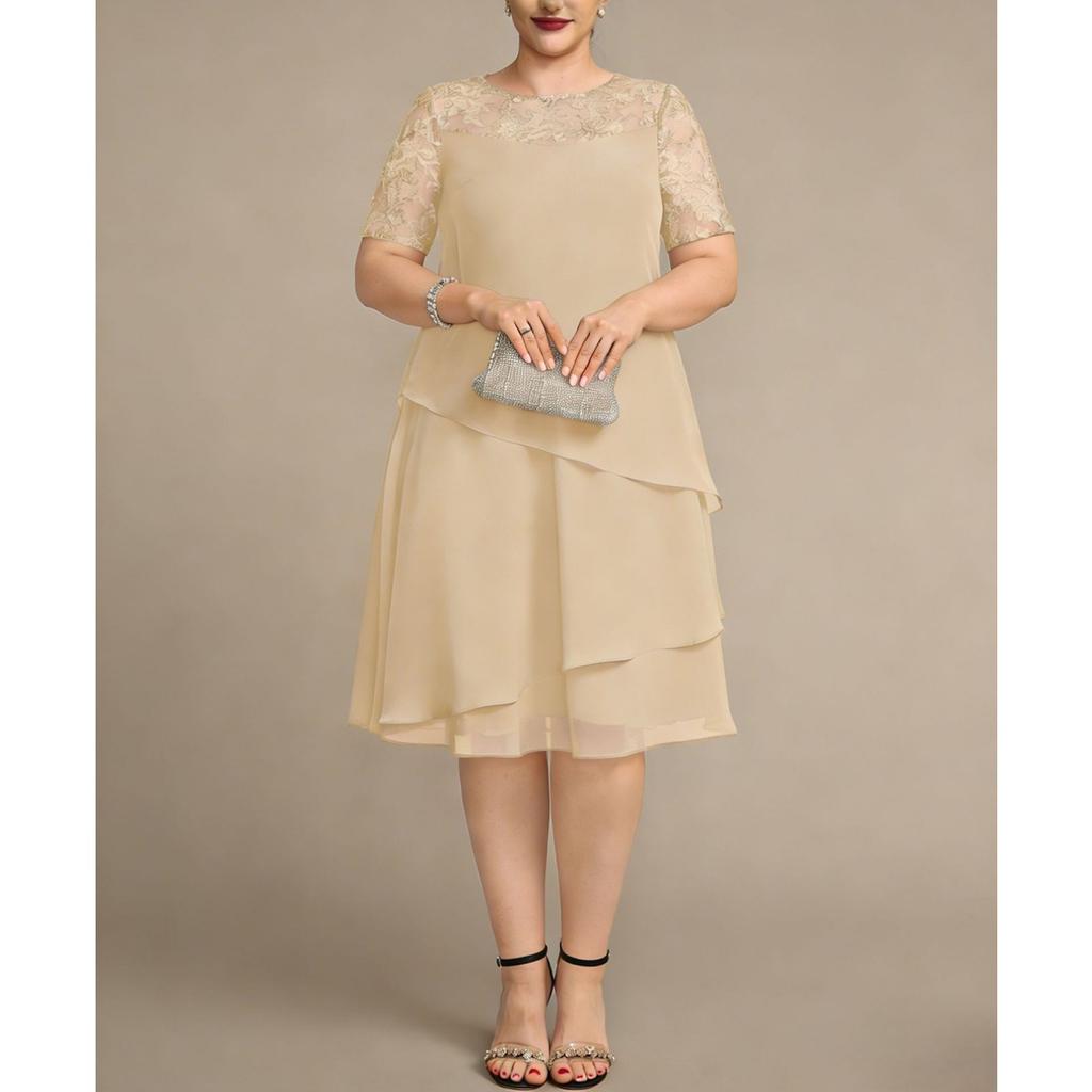 Nuovo Vestito da Donna Taglie Forti in Chiffon con Intarsi in Pizzo Traforato Manica Corta Vestibilità Aderente per il Lavoro e il Tempo Libero