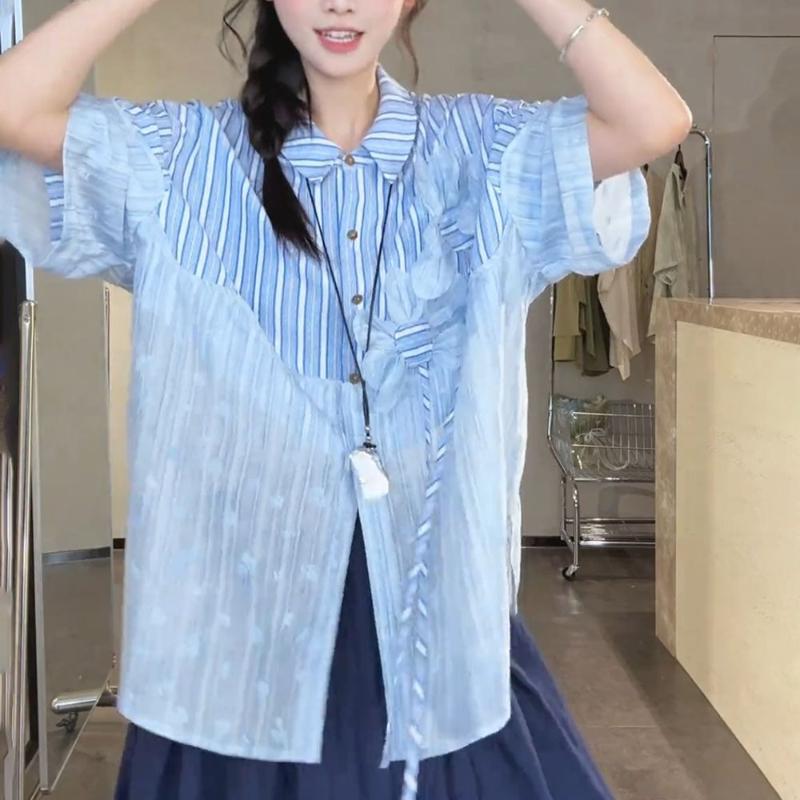 Striped Women's Short Sleeved Shirts Fashionable Lace Patchwork Bloues Korean Sweet and Simple Ladies Clothing