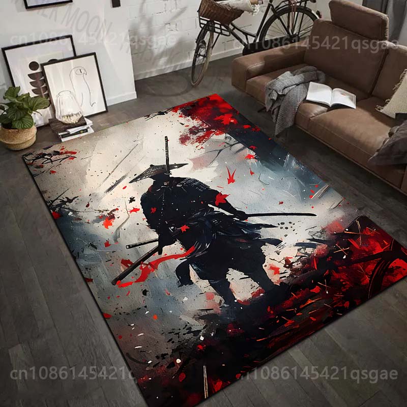 1PC Samurai with Swords Red Leaves Print Carpet Rug for Living Room Bedroom Sofa Doormat Home Decor Non-slip Floor Mat