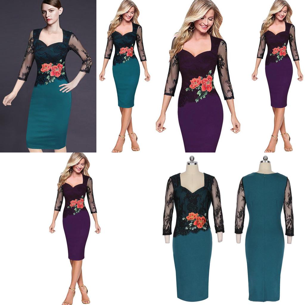 Office Women Sexy V-neck Lace Embroidered Floral Cocktail Evening Party Dress In Premium Quality Fabric