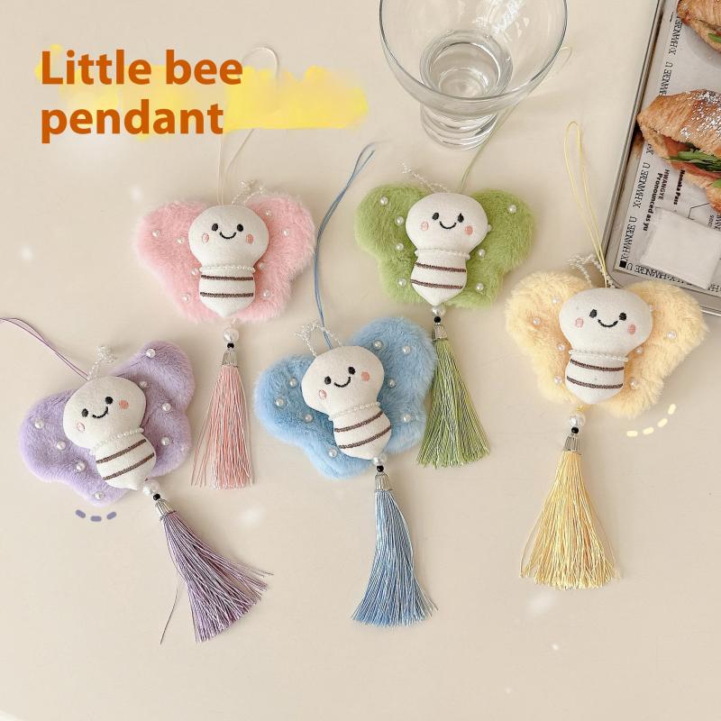 Cute Cartoon Plush Bee Tassel Keychain Pendant Butterfly Pearl Backpack Car Decor Pendant Hanging Chains Accessories Gifts