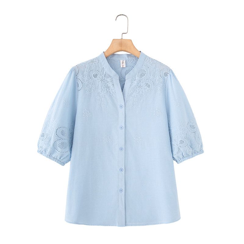 

Plus size Cotton Hollow-out Three-Quarter Sleeve Shirts 2025 Summer New Spring and Summer Middle-Aged Middle-aged Women Dress Embroidered Shirt Top Sky Blue XL