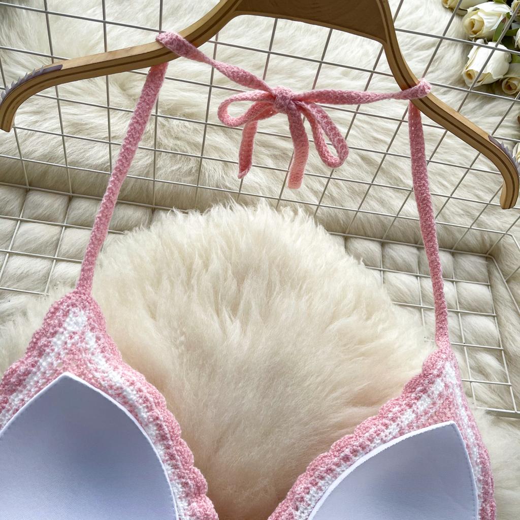 Summer Beach Vacation Knit 2pcs Suits Women Halter Sleeveless Lace Up Camis Elastic Waist Shorts Hook Flower Hollow 2pcs Set