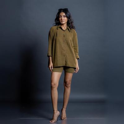 Women’s Olive Cotton 2pcs Set Casual Oversized Shirt Shorts Set Summer Outfit for Travel Lounge Wear Daily Wear