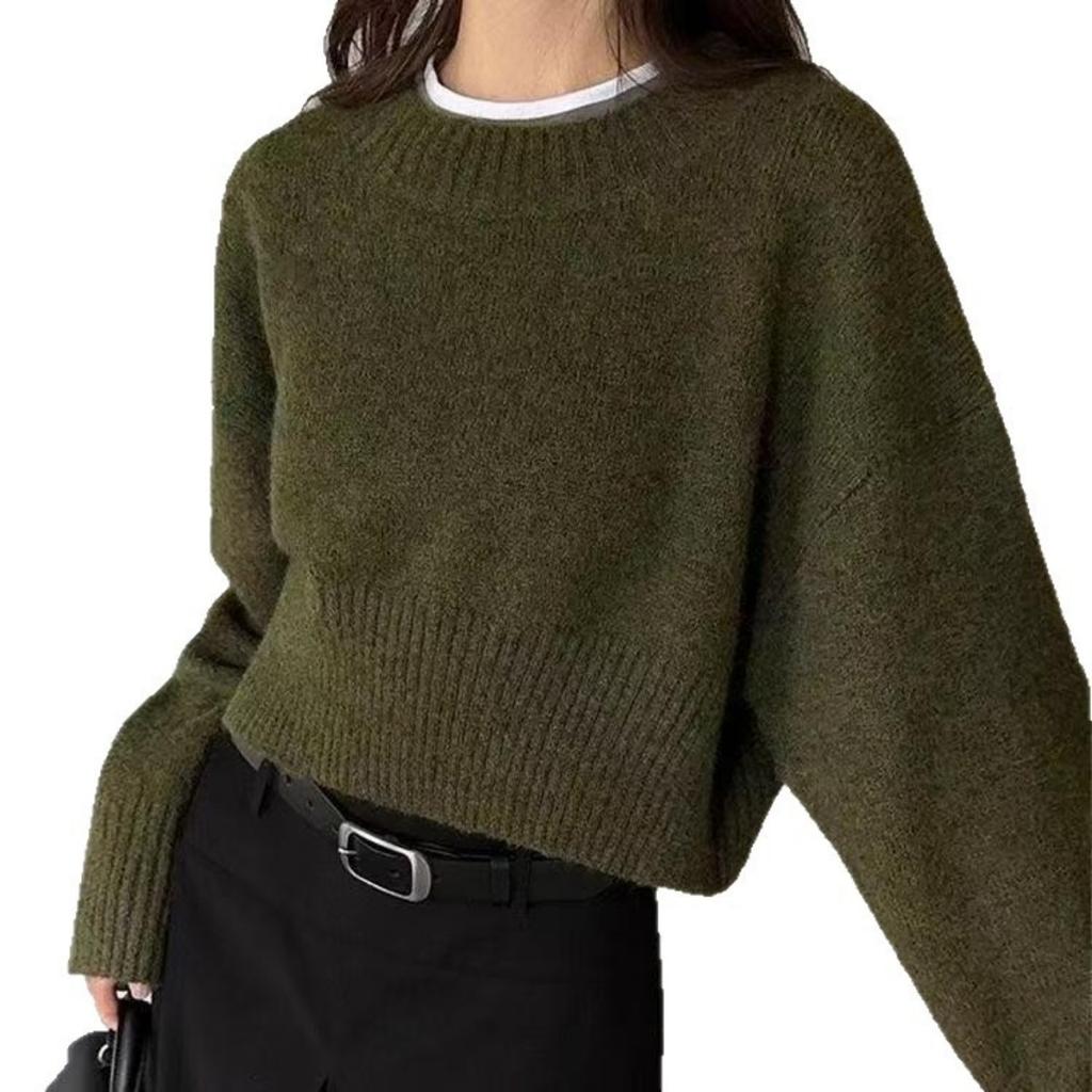 Women's Fashion Solid Crew Neck Pullover Knit Sweater, Casual Versatile Custom Knit Top for Autumn Winter