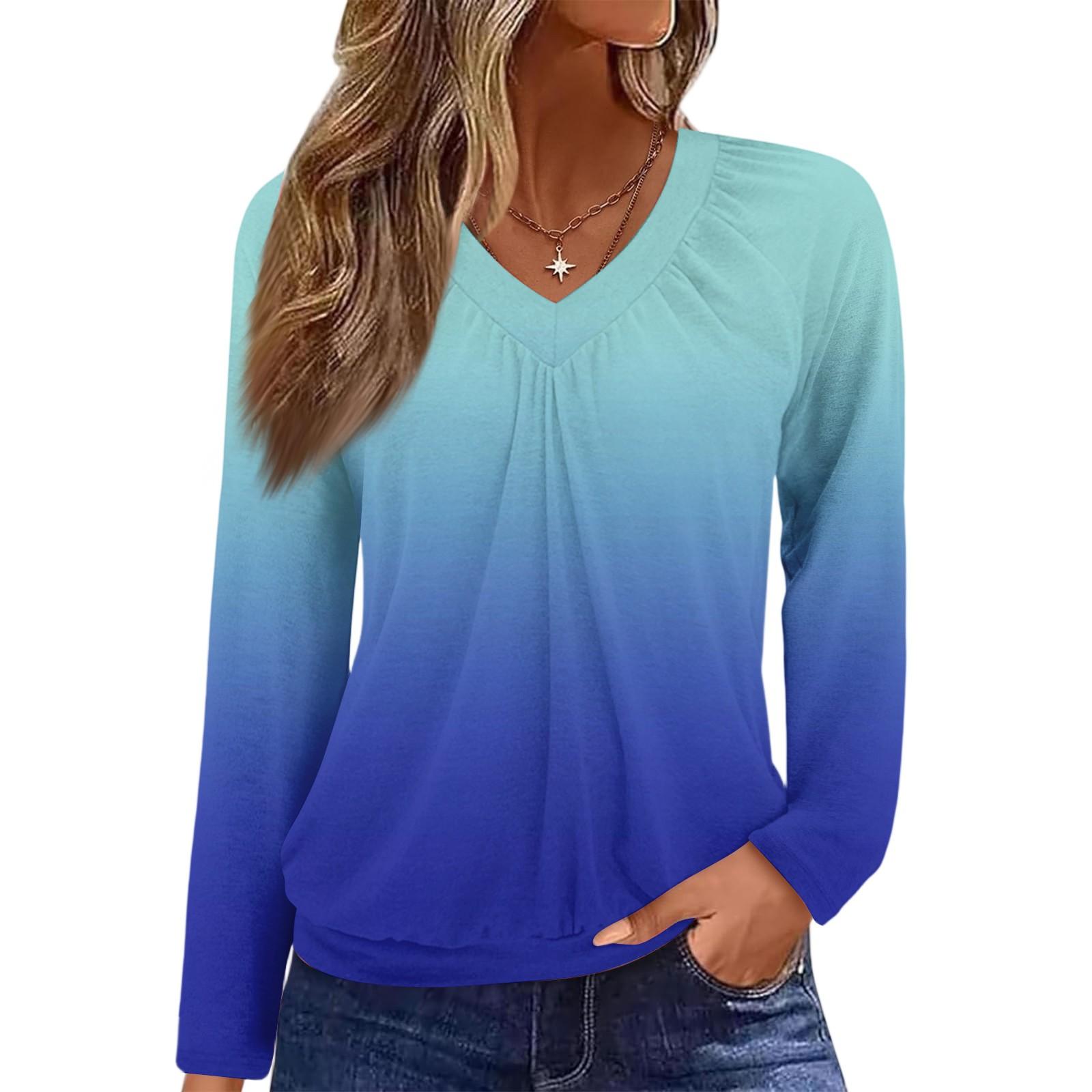 

Женский повседневный модный топ с V-образным вырезом, рукавами реглан, плиссировкой и цветочным принтом, с длинным рукавом M синий