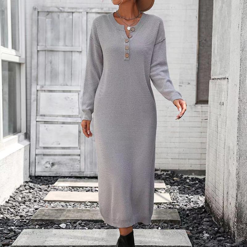 IHUASU Podzimní a zimní knoflíkové pletené šaty Módní Temperament Commuter Dámský svetr
