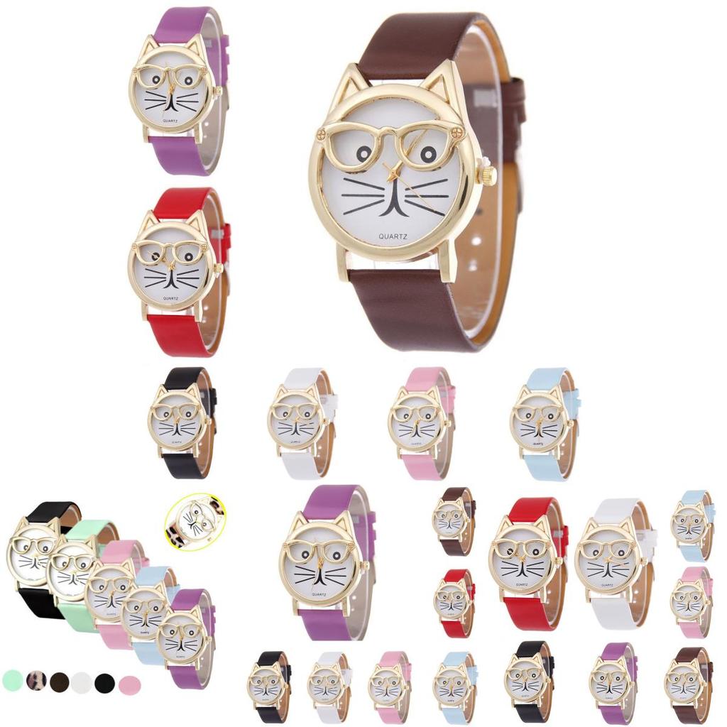 Rozkošné Kočičí Tvář Dámské Křemenné Hodinky S Koženým Řemínkem Kreslený Design