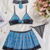 European and American explosive sexy fun set plaid uniform temptation underwear set three-piece set