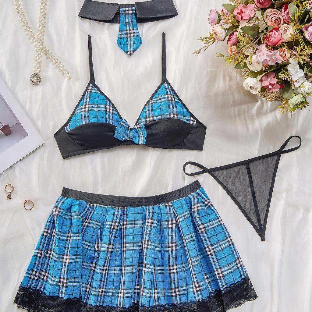 European and American explosive sexy fun set plaid uniform temptation underwear set three-piece set