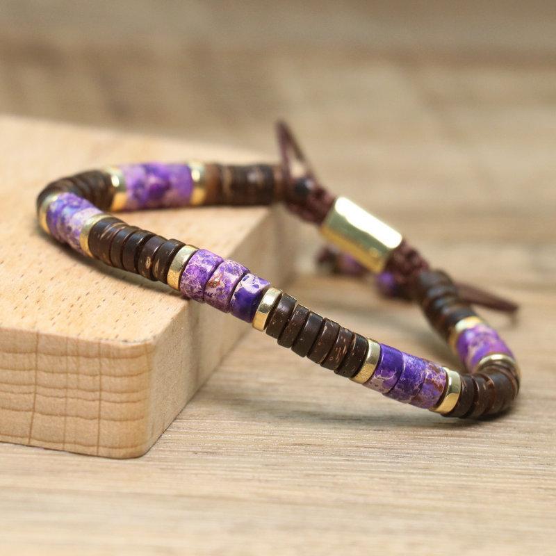 Turquoise Coconut Shell Beaded Bracelet – Gold Accent Adjustable Boho Jewelry, Natural Stone Healing Gift for Men & Women