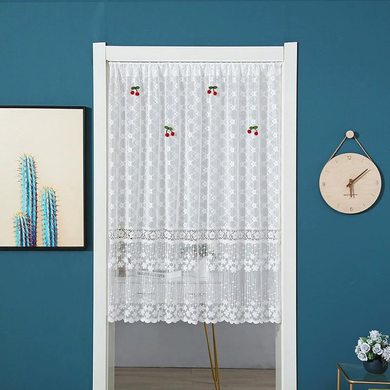 

1 шт. Элегантная кружевная занавеска с цветочной вышивкой и вишневым декором, дверные портьеры 140x120 см, прозрачная занавеска с кулиской, белая