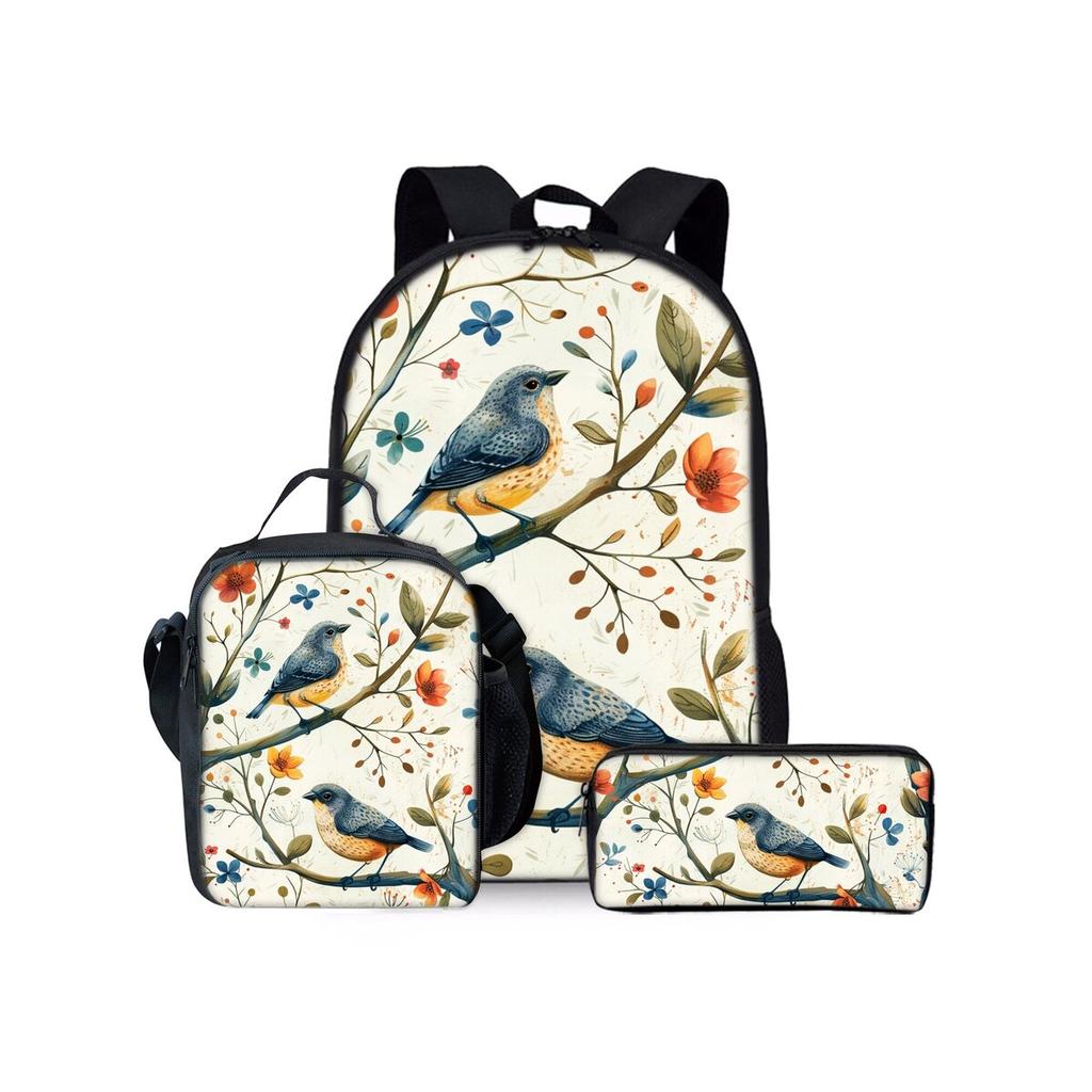 Set di Zainetti Tre Pezzi con Stampa di Uccelli per Ragazzi e Ragazze Migliori Regali Zaino Scolastico Cartoon Piatto 2D per Bambini